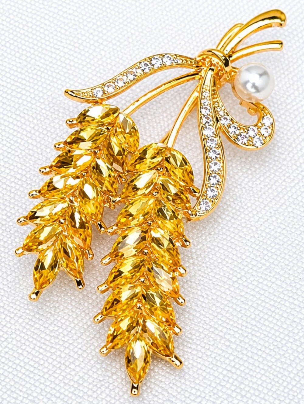 💛Gold Tone Amber Crystal Wheat Sheaf Brooch Faux Pearl Rhinestone Vintage Style